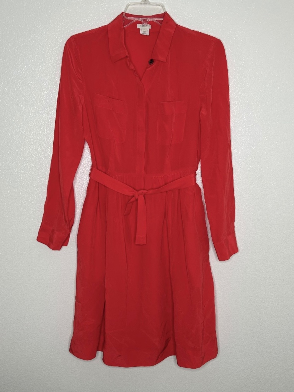 J Crew Womens Coral Red 100% Silk Long Sleeve Shirt Dress Size 2 EUC